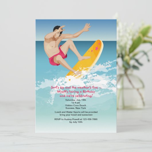 Surfer Male Invitation Kaart (Staand voorkant)