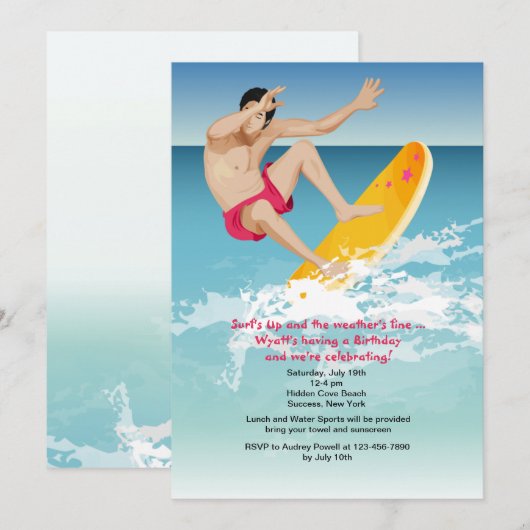 Surfer Male Invitation Kaart (Voorkant / Achterkant)