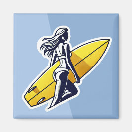Surfer meisje met gele surfplank magneet