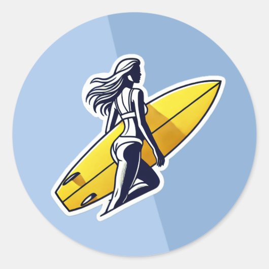 Surfer meisje met gele surfplank ronde sticker (Voorkant)