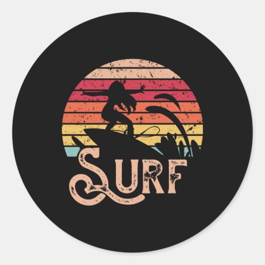 Surfer Meisje Retro  Surfboard Ronde Sticker (Voorkant)