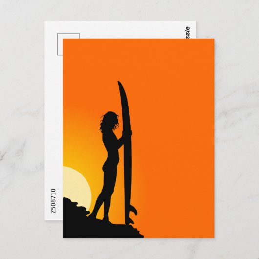 Surfer meisje, rode zonsondergang briefkaart (Voorkant / Achterkant)