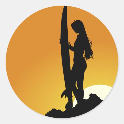 Surfer meisje silhouet ronde sticker (Voorkant)