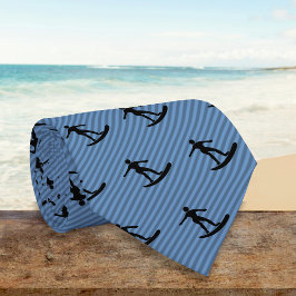 Surfer Motif - Guy op Surfboard op Blue Striped Stropdas