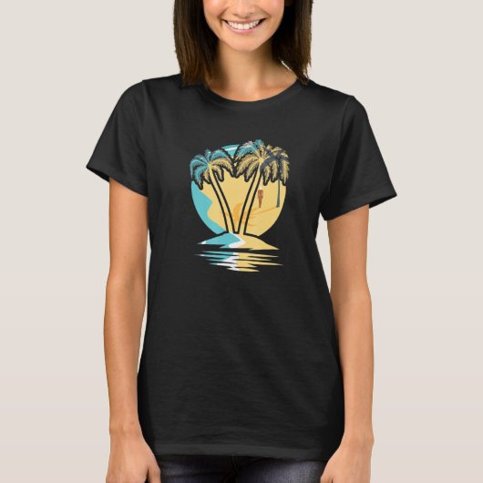 Surfer Ocean Palm Tree Sunset Surfboard Waves Surf T-shirt (Voorkant)