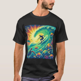 Surfer op een gigantische golf t-shirt