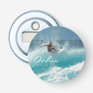 Surfer op een grote golf, Oahu, Hawaii Button Flesopener