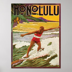 Surfer op het tropisch strand van Honolulu, vintag Poster