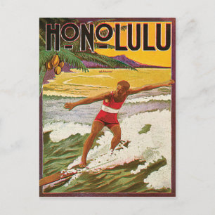 Surfer op tropisch strand van Honolulu, vintage re Briefkaart