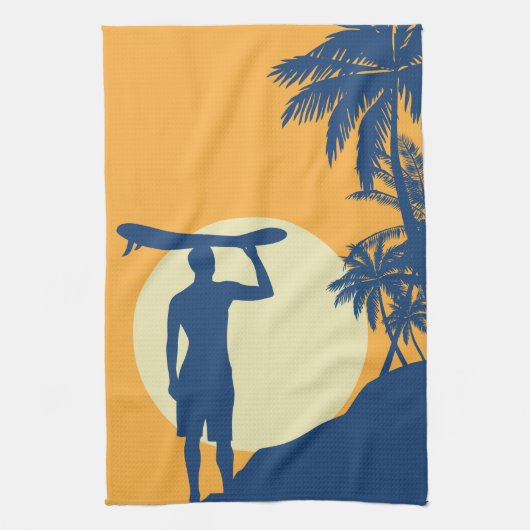 Surfer, palmboom, klif, zon, surfer, keuken theedoek (Verticaal)