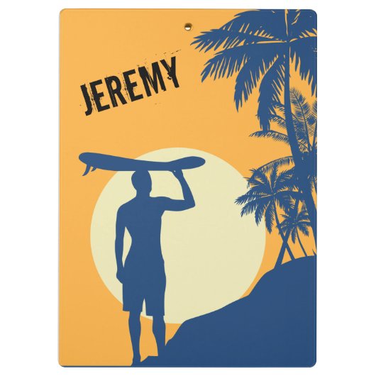 Surfer, palmboom, klif, zon, surfer, maan klembord (Achterkant)