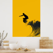 Surfer Poster – Zwart Silhouet op Yellow Wave (Keuken)