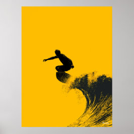 Surfer Poster – Zwarte Silhouet op Gele Golf