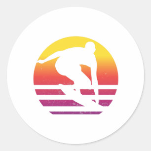 Surfer Retro Surfing Sunset Ronde Sticker