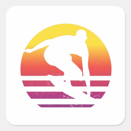 Surfer Retro Surfing Sunset Vierkante Sticker (Voorkant)