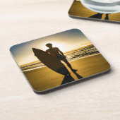 Surfer-silhouet tijdens zonsopgang bier onderzetter (Linkerzijde)