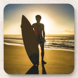 Surfer-silhouet tijdens zonsopgang bier onderzetter