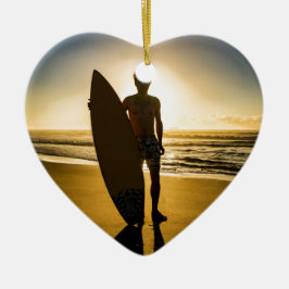 Surfer-silhouet tijdens zonsopgang keramisch ornament