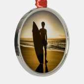 Surfer-silhouet tijdens zonsopgang metalen ornament (Rechts)