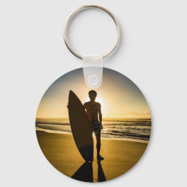 Surfer-silhouet tijdens zonsopgang sleutelhanger