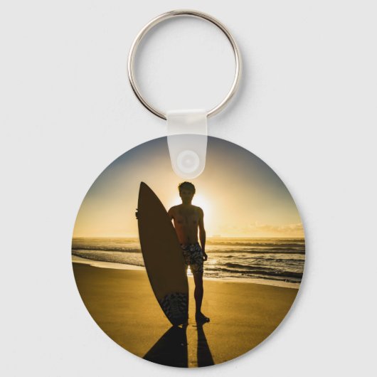 Surfer-silhouet tijdens zonsopgang sleutelhanger (Voorkant)