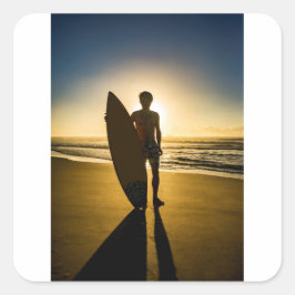 Surfer-silhouet tijdens zonsopgang vierkante sticker