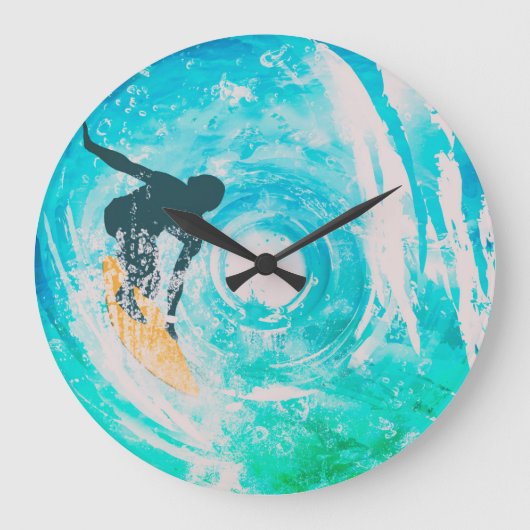 Surfer Silhouette en Blue Water Waves Wall Clock Grote Klok (Voorkant)