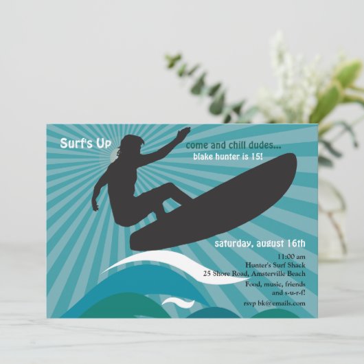 Surfer Silhouette Invitation Kaart (Staand voorkant)