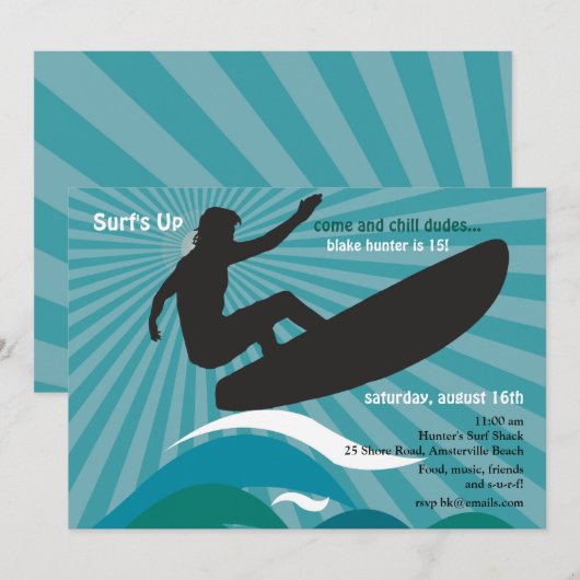 Surfer Silhouette Invitation Kaart (Voorkant / Achterkant)