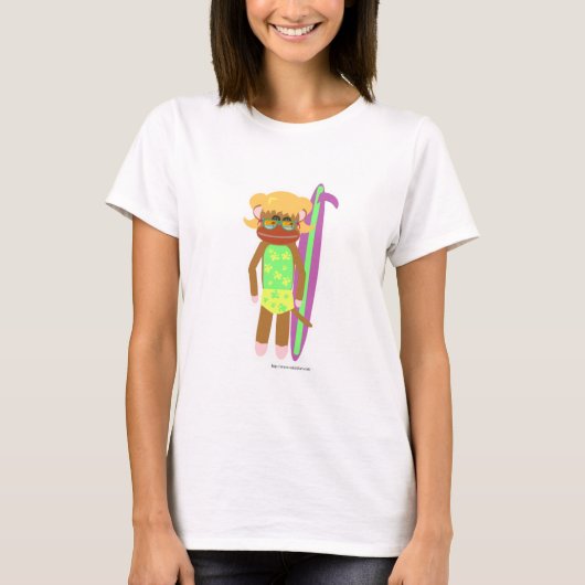 Surfer Sock Monkey Girl Cute Cartoon Illustratie T-shirt (Voorkant)