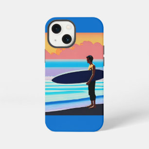 Surfer staand op een strand bij zonsondergang iPhone 13 mini hoesje