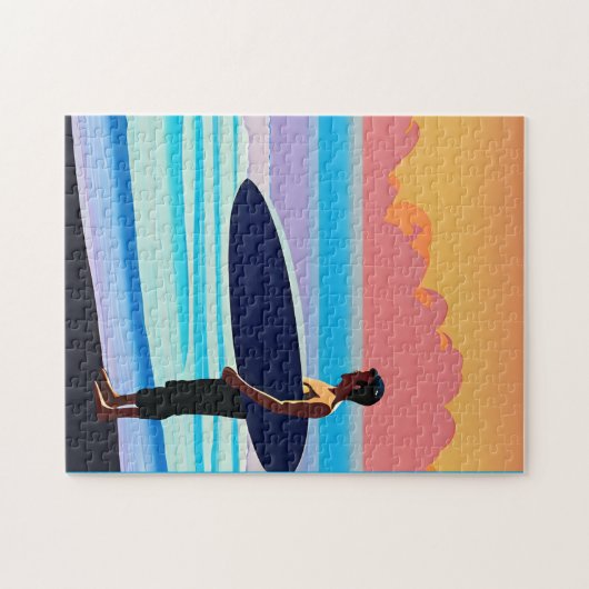 Surfer staande op een strand bij zonsondergang legpuzzel (Horizontaal)