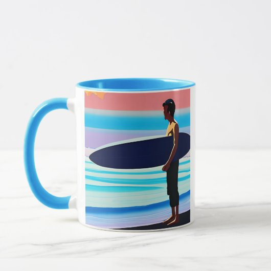 Surfer staande op een strand bij zonsondergang mok (Links)