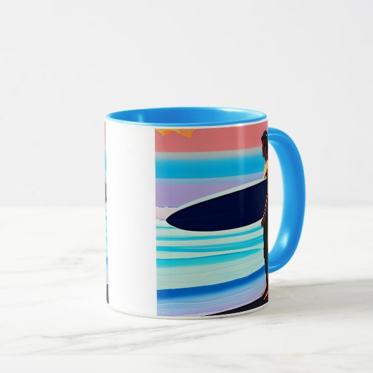 Surfer staande op een strand bij zonsondergang mok (Voorkant rechts)