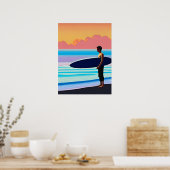 Surfer staande op een strand bij zonsondergang poster (Keuken)