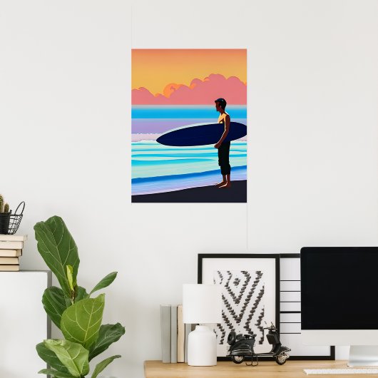 Surfer staande op een strand bij zonsondergang poster (Thuiskantoor)