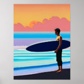 Surfer staande op een strand bij zonsondergang poster (Voorkant)