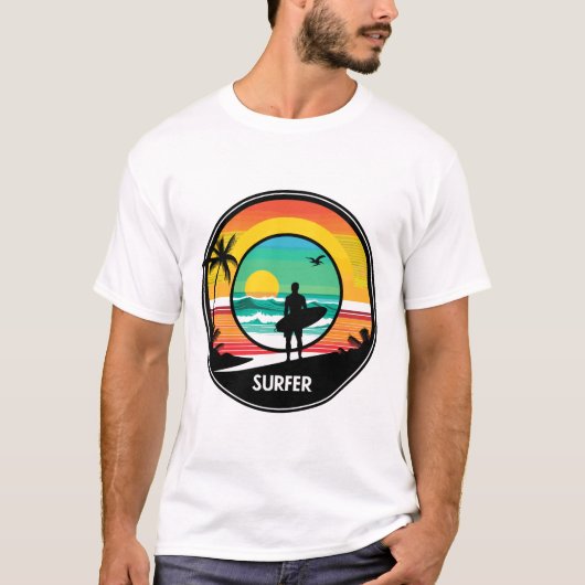 Surfer Sunset Beach Retro Cirkel Illustratie T-shirt (Voorkant)