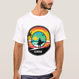 Surfer Sunset Strand Retro Cirkel Illustratie T-shirt