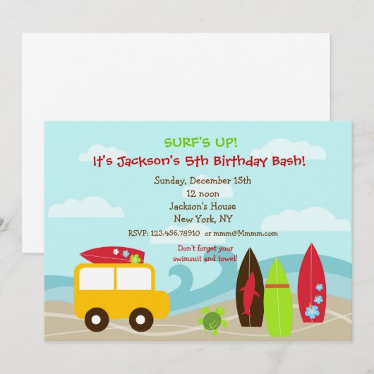 Surfer Surf Birthday Party Kaart (Voorkant / Achterkant)