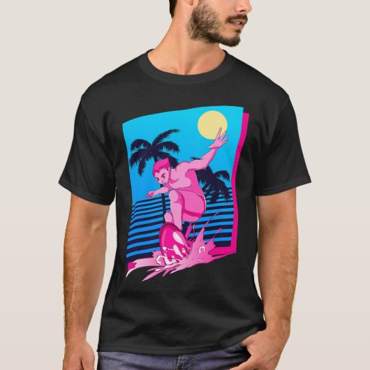 Surfer Synthwave Zonsondergang Palmboom Surfen 80s T-shirt (Voorkant)