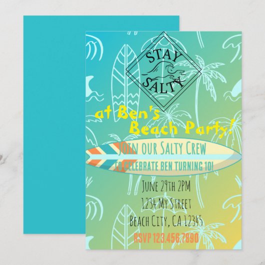 Surfer verjaardagsuitnodiging kaart (Voorkant / Achterkant)