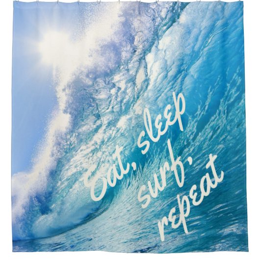 Surfer Wave Ocean Blue White Eat Sleep Surf herhal Douchegordijn (Voorkant)