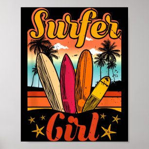 Surfermeisje strand retro 70s vintage surfen poster