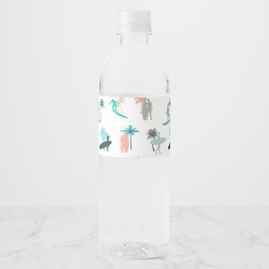 Surfers and Palm Trees Pattern Waterfles Etiket (Voorkant)