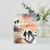 Surfers paar bij zonsondergang waterverf opslaan d briefkaart (Staand voorkant)