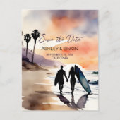 Surfers paar bij zonsondergang waterverf opslaan d briefkaart (Voorkant)
