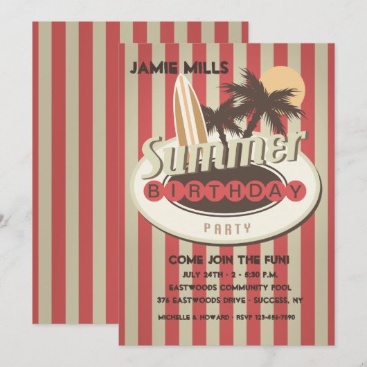 Surfer's verjaardagsuitnodiging kaart (Voorkant / Achterkant)