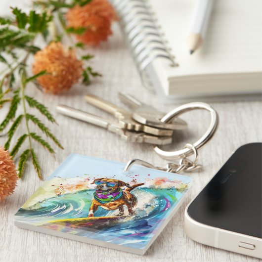 Surfhond – Zomer Fun Beach Pup Illustratie Sleutelhanger (Voorkant Rechts)