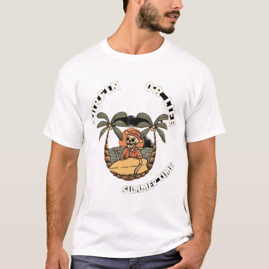 Surfin or Life Skeleton Zomer T-Shirt Design (Voorkant)